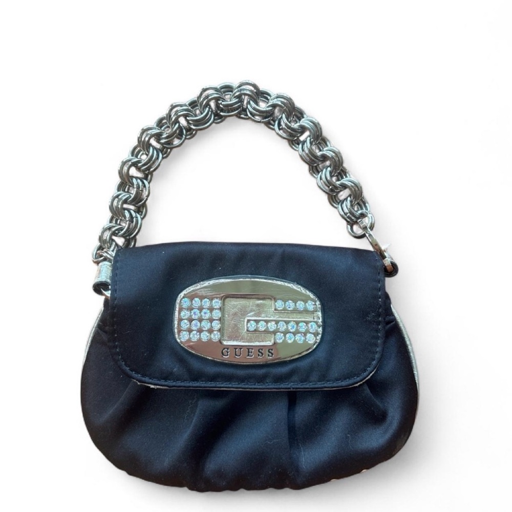 GUESS Y2K Black Mini Satin Shoulder Bag with Crystal Logo
